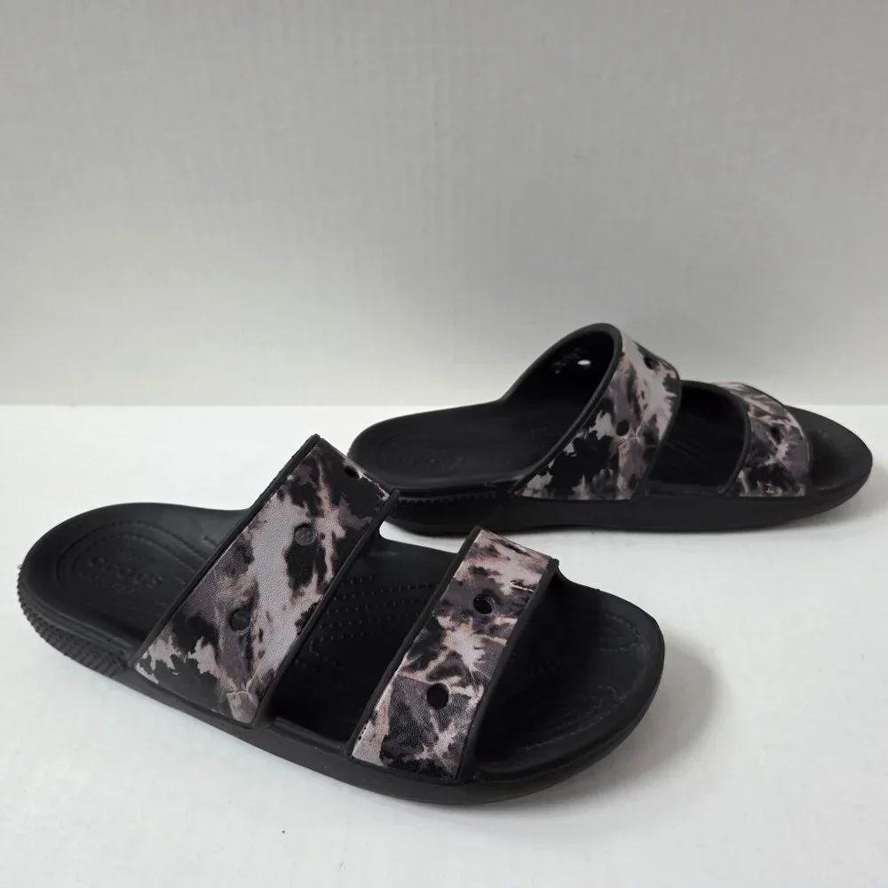 Crocs Shoes Mens 10 Black Tie Dye Double Strap Slides Comfort Beach